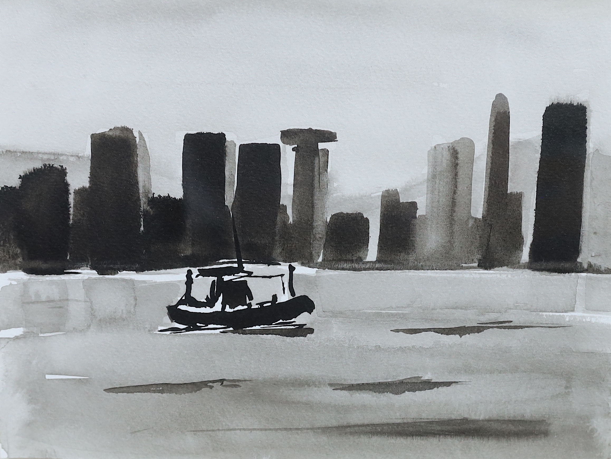 Liam Spencer (British, b.1964), 'Boat and skyscrapers, Hong Kong', ink drawing, 18 x 24.5cm